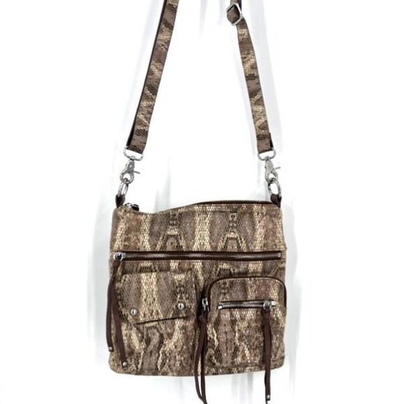 Chez Women's Fine Leather Snakeskin Embossed Crossbody Bag Brown Beige One Size